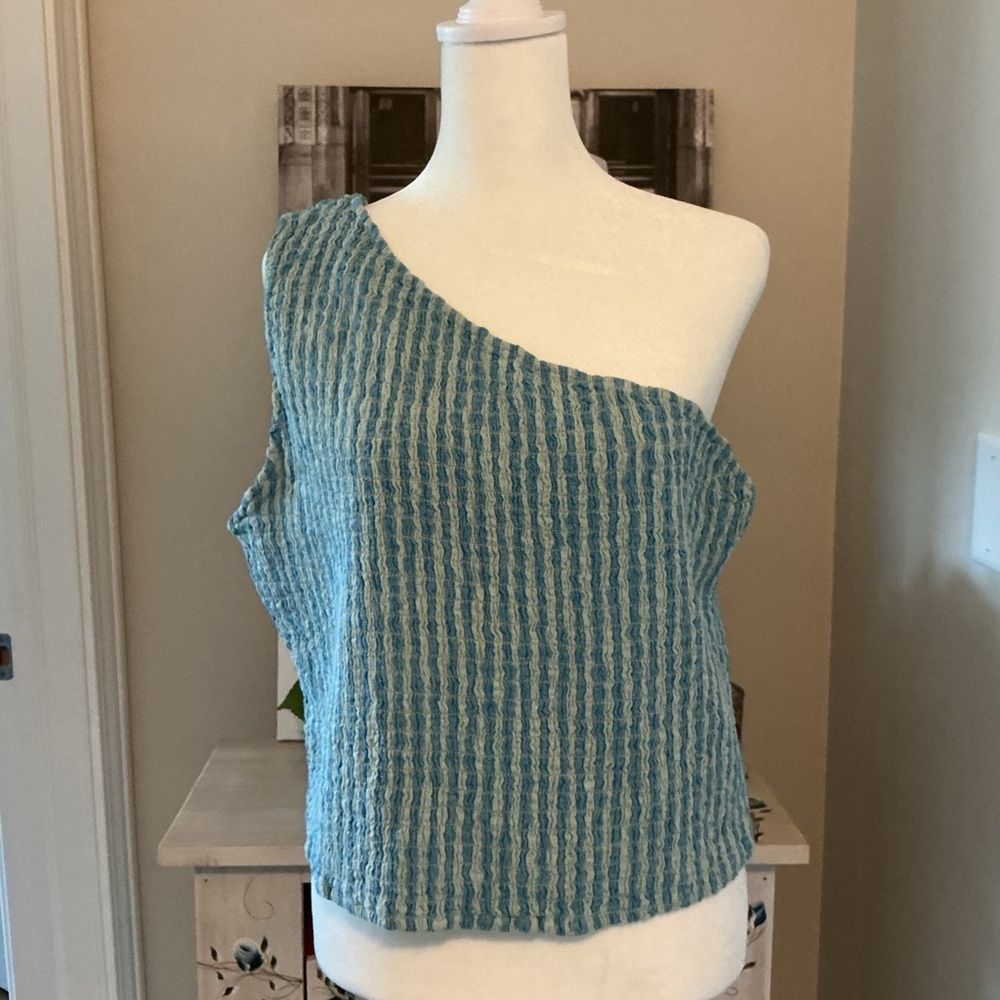 A New Day Blue Stripe One-Shoulder Textured Women's Top 1X NWT - Picture 2 of 4